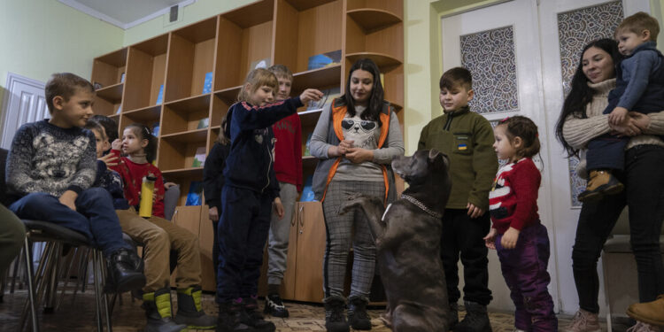 심리 치료견이 꼬리 흔들자 우크라 아이들의 얼굴이 빛났다