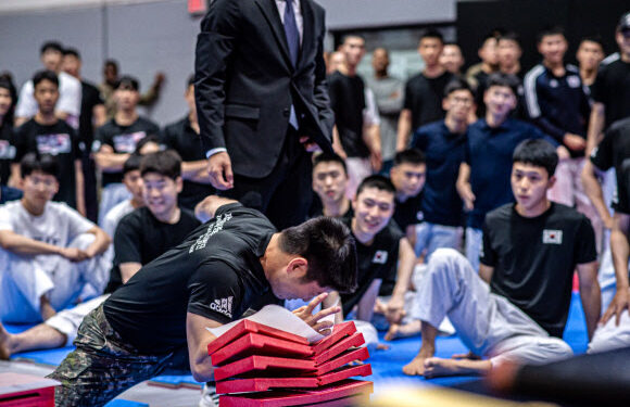 [포토] 한미동맹 70주년 태권도 대회…격파하는 장병