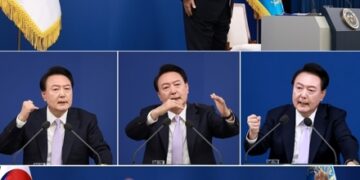 고개 숙인 尹 …여사 질문에 중간에 한숨도